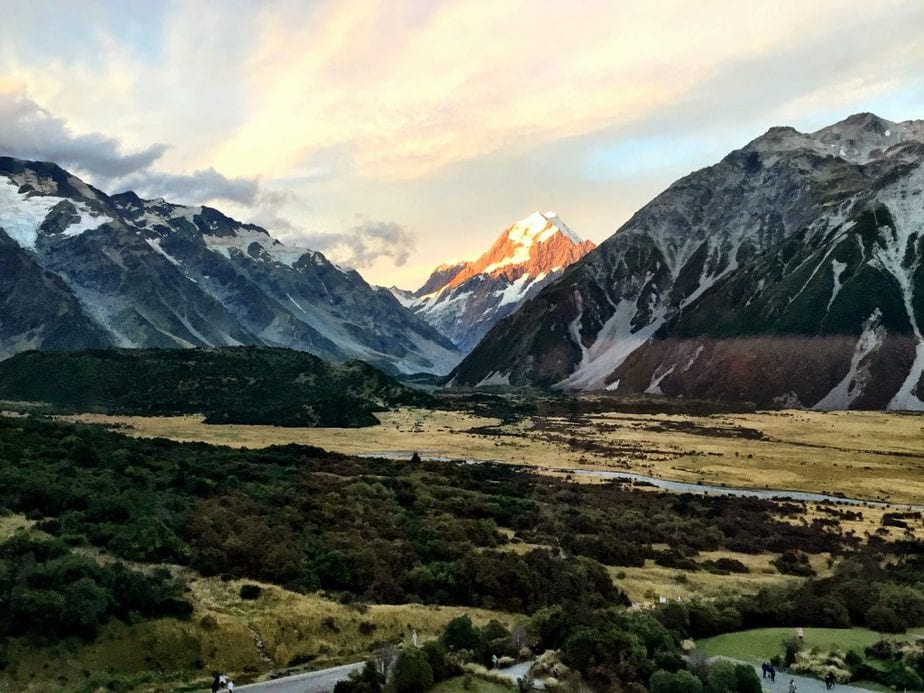 The sunset shining on the peak on Mount Cook in New Zealand