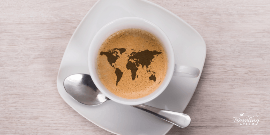 Coffee cup with the world outlined in the foam